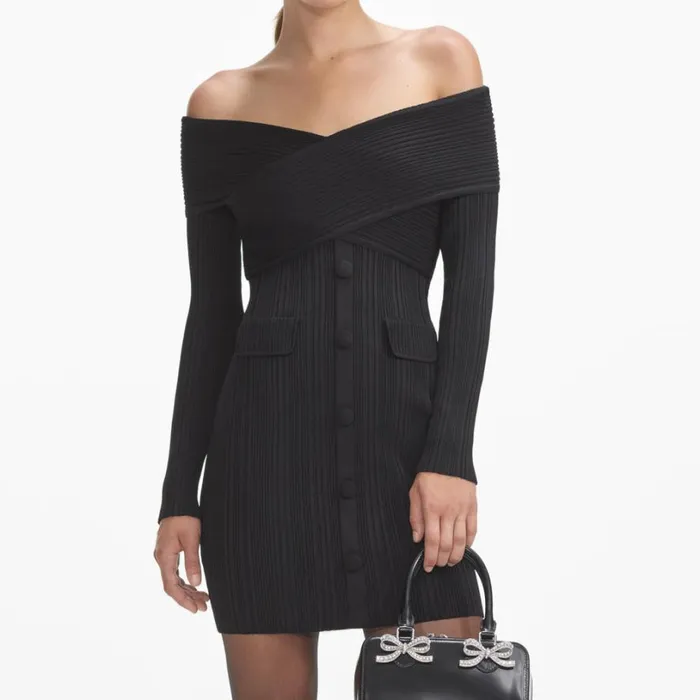 Black Off Shoulder Knit Mini Dress Women Self Portrait Dresses Black Off Shoulder Knit Mini Dress Women Self Portrait Dresses