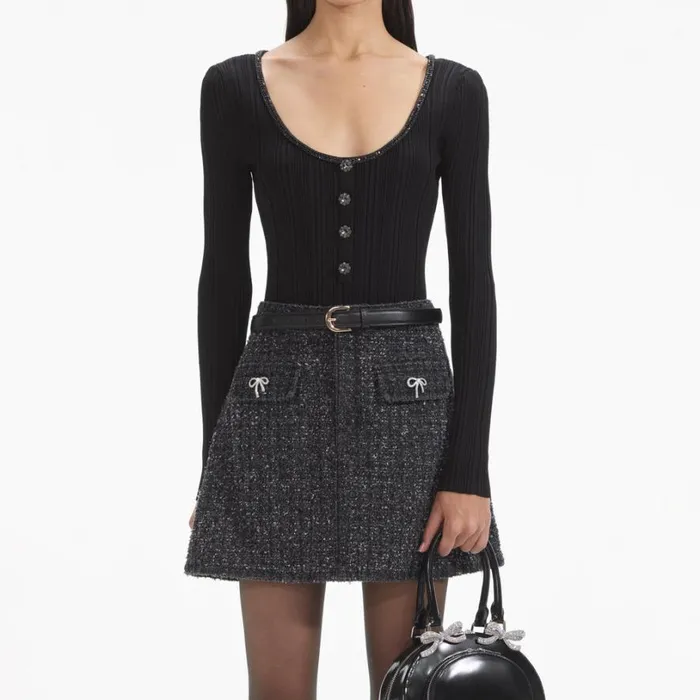 Black Textured Denim Mini Skirt Women Self Portrait Denim Black Textured Denim Mini Skirt Women Self Portrait Denim