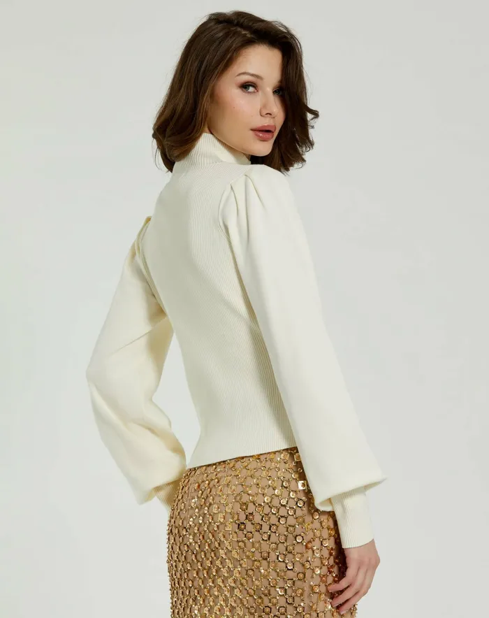 Blouses and Tops Women Ivory Ribbed Knit Balloon Sleeve Turtle Neck Sweater 8211 FINAL SALE Ivory Mac Duggal
