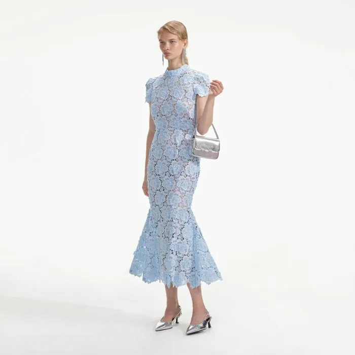 Blue Flower Lace Midi Dress Women Self Portrait Dresses Blue Flower Lace Midi Dress Women Self Portrait Dresses