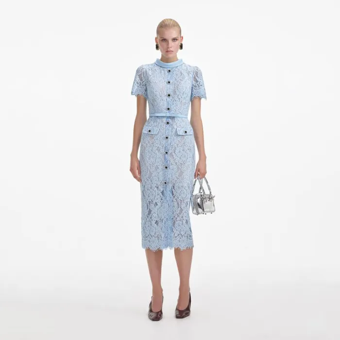 Blue Lace Button Midi Dress Women Self Portrait Dresses
