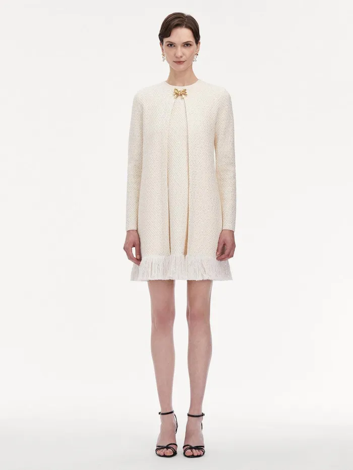 Bow Button Sequin Tweed Coat Ivory Gold Women Oscar De La Renta Jackets and Coats Bow Button Sequin Tweed Coat Ivory Gold Women Oscar De La Renta Jackets and Coats