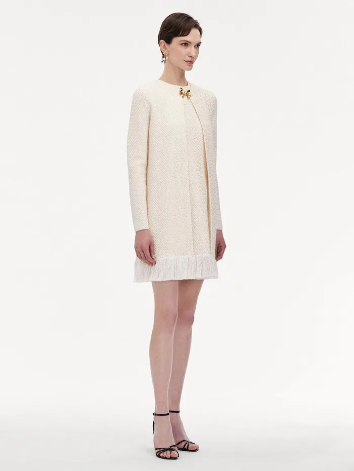 Bow Button Sequin Tweed Coat Ivory Gold Women Oscar De La Renta Jackets and Coats Bow Button Sequin Tweed Coat Ivory Gold Women Oscar De La Renta Jackets and Coats