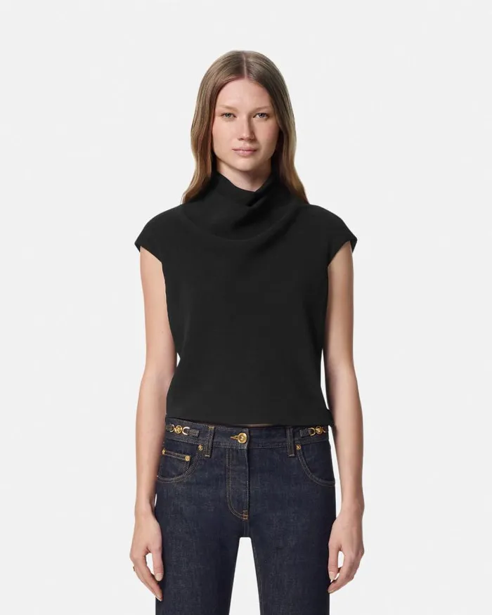 Cady DrapedNeck Top Black Women Versace Shirts and Tops