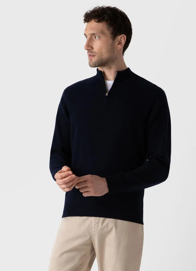 Cashmere Zip Neck Jumper Navy Men SUNSPEL Knitwear