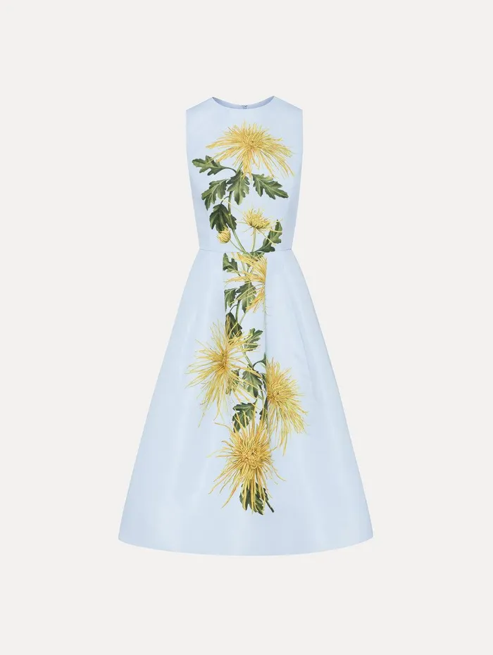 Chrysanthemum Stripe Cocktail Dress Yellow Light Blue Women Oscar De La Renta Dresses
