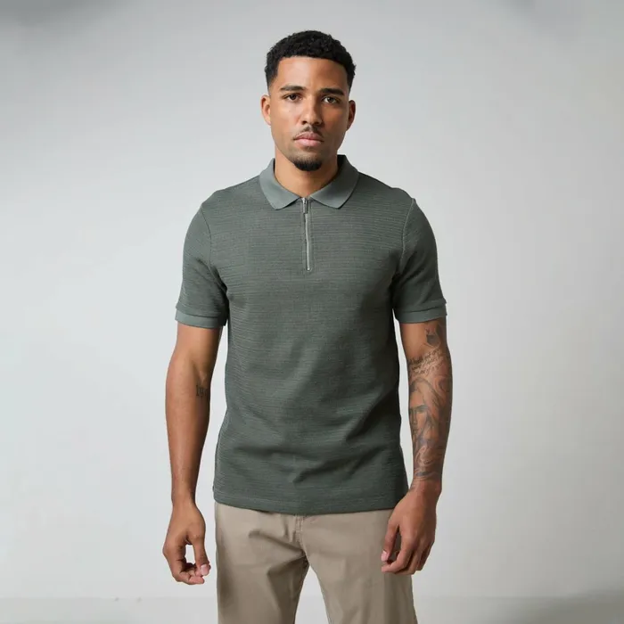 Closure London Tonal Knit Zipped Polo Khaki Men Knitwear
