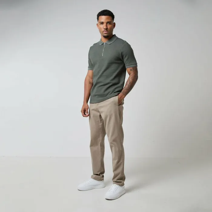 Closure London Tonal Knit Zipped Polo Khaki Men Knitwear