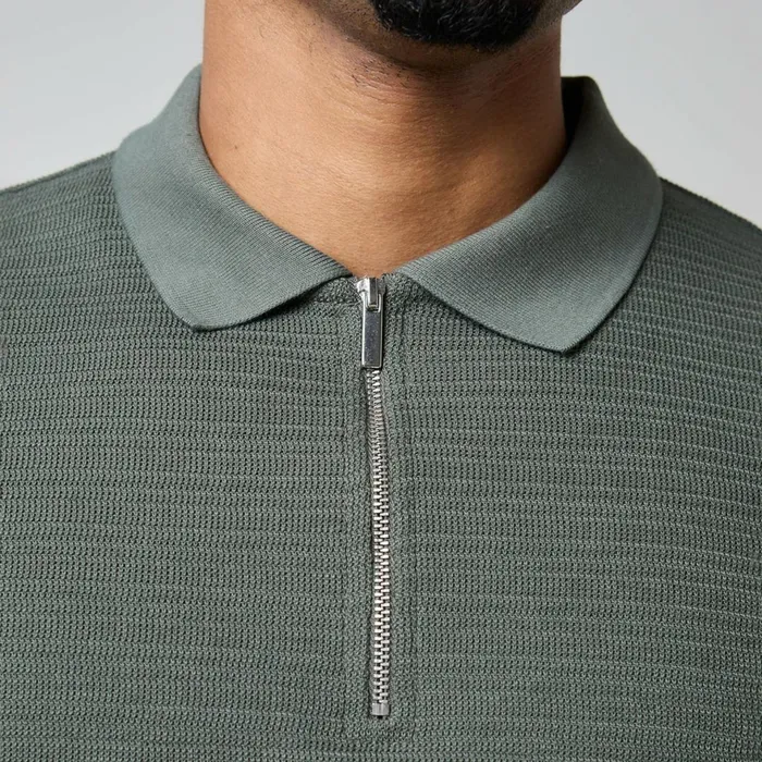 Closure London Tonal Knit Zipped Polo Khaki Men Knitwear
