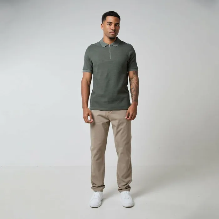 Closure London Tonal Knit Zipped Polo Khaki Men Knitwear