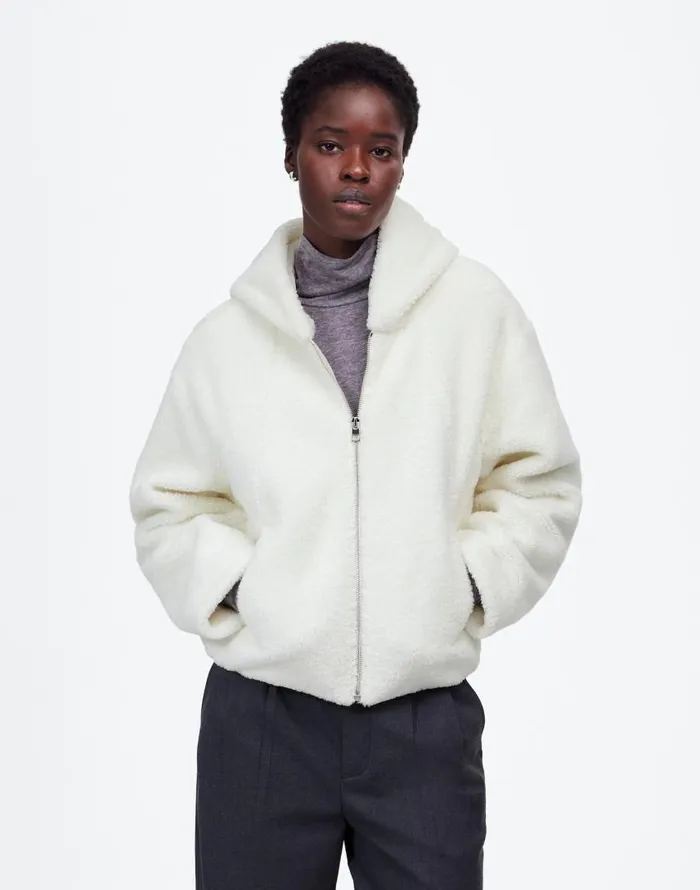 Coats Jackets Women Madewell Sherpa ZipFront Bomber Jacket Winter White