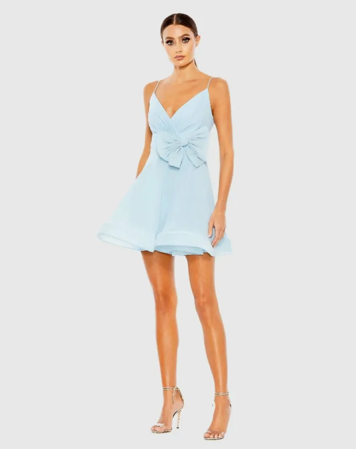 Cocktail Dresses Mac Duggal Women Faux Wrap Bow Detail Flowy Mini Dress Powder Blue Cocktail Dresses Mac Duggal Women Faux Wrap Bow Detail Flowy Mini Dress Powder Blue