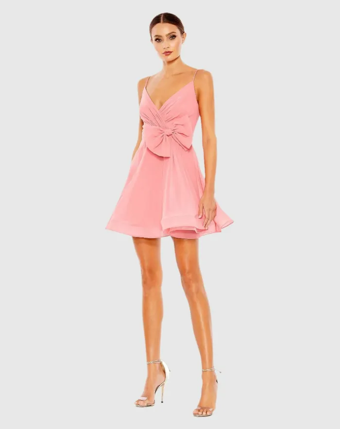 Cocktail Dresses Mac Duggal Women Faux Wrap Bow Detail Flowy Mini Dress Powder Blue