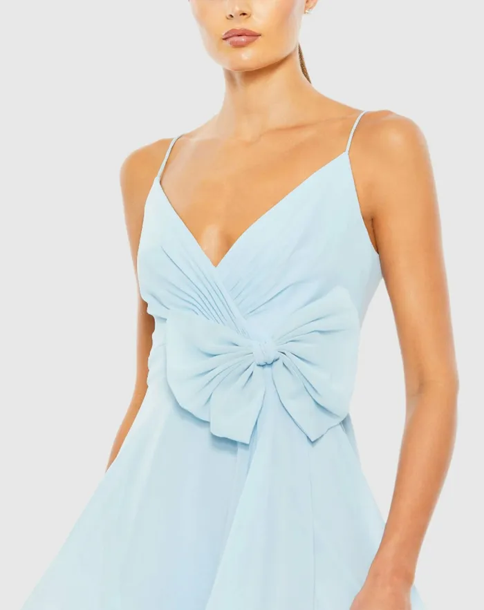Cocktail Dresses Mac Duggal Women Faux Wrap Bow Detail Flowy Mini Dress Powder Blue