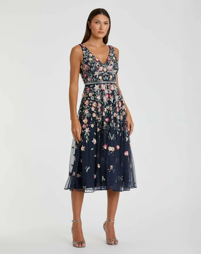 Cocktail Dresses Mac Duggal Women Vneck Sleeveless Midi Floral Beaded Aline Dress Midnight Multi Cocktail Dresses Mac Duggal Women Vneck Sleeveless Midi Floral Beaded Aline Dress Midnight Multi