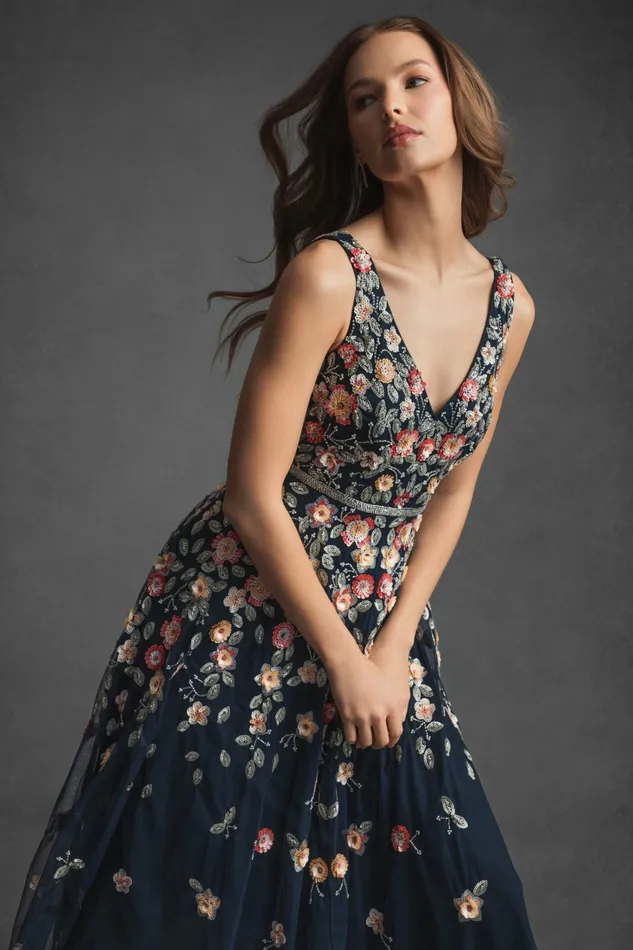 Cocktail Dresses Mac Duggal Women Vneck Sleeveless Midi Floral Beaded Aline Dress Midnight Multi