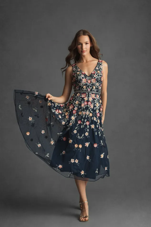 Cocktail Dresses Mac Duggal Women Vneck Sleeveless Midi Floral Beaded Aline Dress Midnight Multi