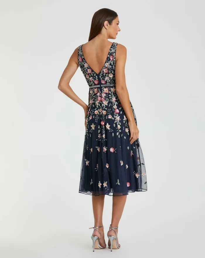 Cocktail Dresses Mac Duggal Women Vneck Sleeveless Midi Floral Beaded Aline Dress Midnight Multi