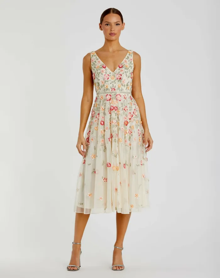 Cocktail Dresses Mac Duggal Women Vneck Sleeveless Midi Floral Beaded Aline Dress Midnight Multi