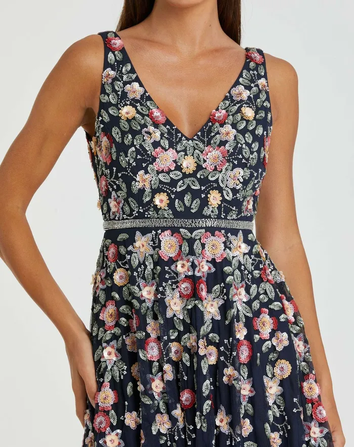 Cocktail Dresses Mac Duggal Women Vneck Sleeveless Midi Floral Beaded Aline Dress Midnight Multi