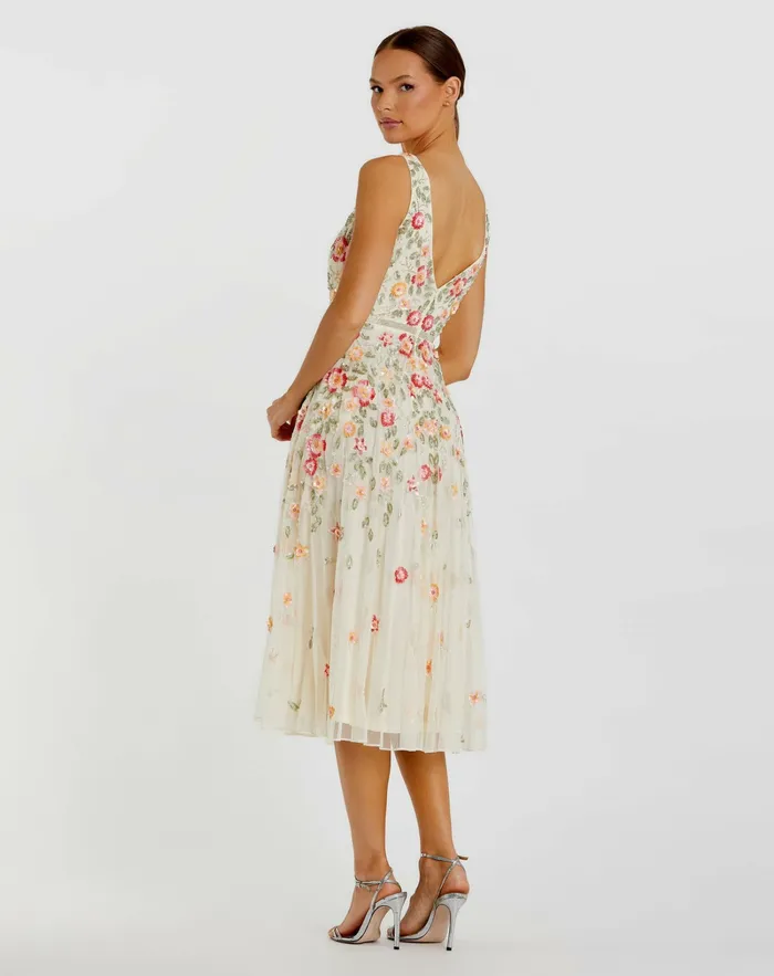 Cocktail Dresses Mac Duggal Women Vneck Sleeveless Midi Floral Beaded Aline Dress Midnight Multi