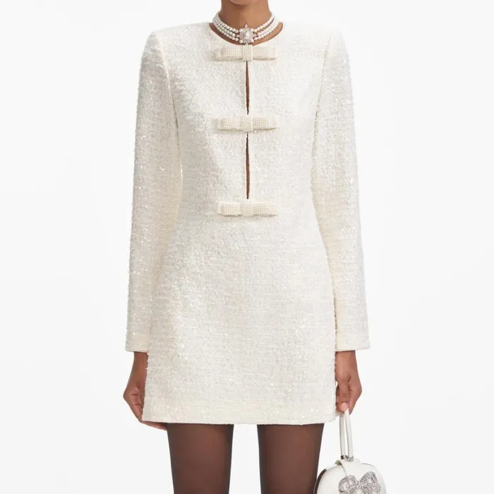 Cream Boucle Diamante Bow Mini Dress Women Self Portrait Dresses Cream Boucle Diamante Bow Mini Dress Women Self Portrait Dresses