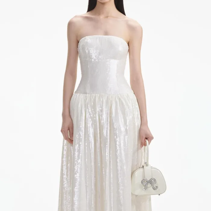 Cream Sequin Bandeau Midi Dress Women Self Portrait Dresses Cream Sequin Bandeau Midi Dress Women Self Portrait Dresses