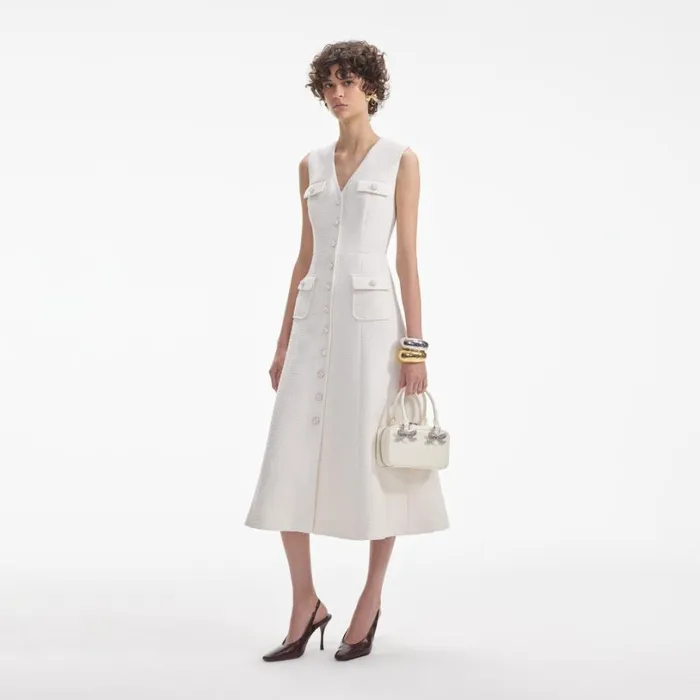 Cream Tinsel Boucle Buttoned Midi Dress Women Self Portrait Dresses Cream Tinsel Boucle Buttoned Midi Dress Women Self Portrait Dresses
