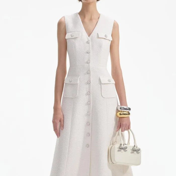 Cream Tinsel Boucle Buttoned Midi Dress Women Self Portrait Dresses Cream Tinsel Boucle Buttoned Midi Dress Women Self Portrait Dresses