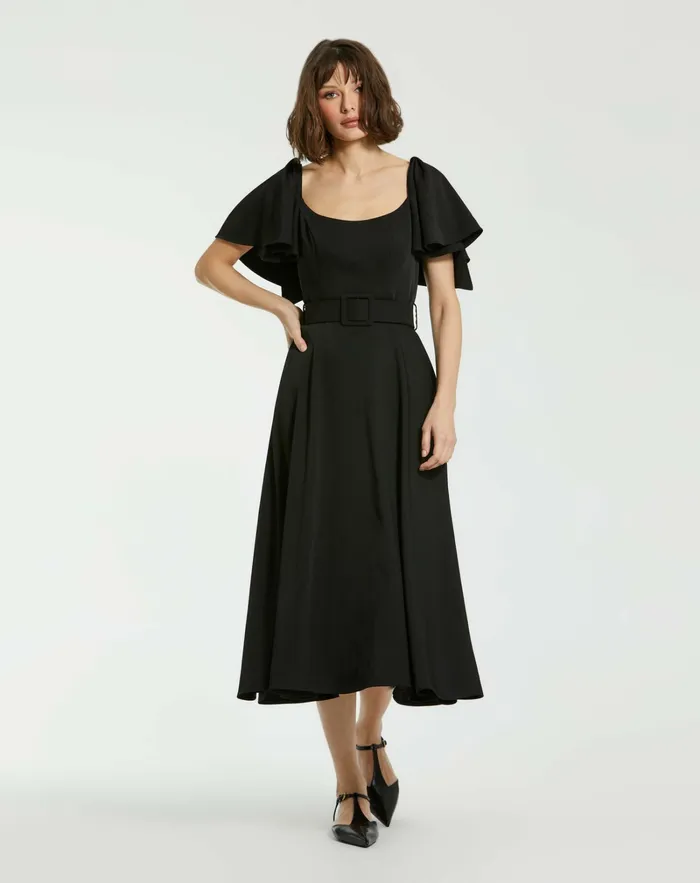 Crepe Ruffle Sleeve Midi Dress With Belt Black Every Day Dresses Mac Duggal Women Crepe Ruffle Sleeve Midi Dress With Belt Black Every Day Dresses Mac Duggal Women