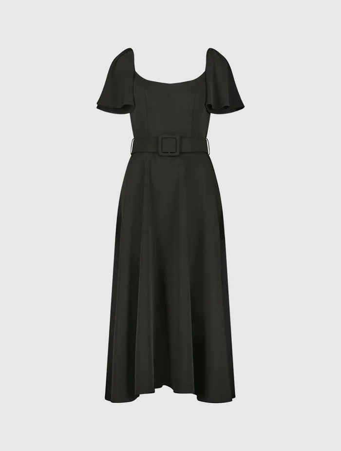 Crepe Ruffle Sleeve Midi Dress With Belt Black Every Day Dresses Mac Duggal Women