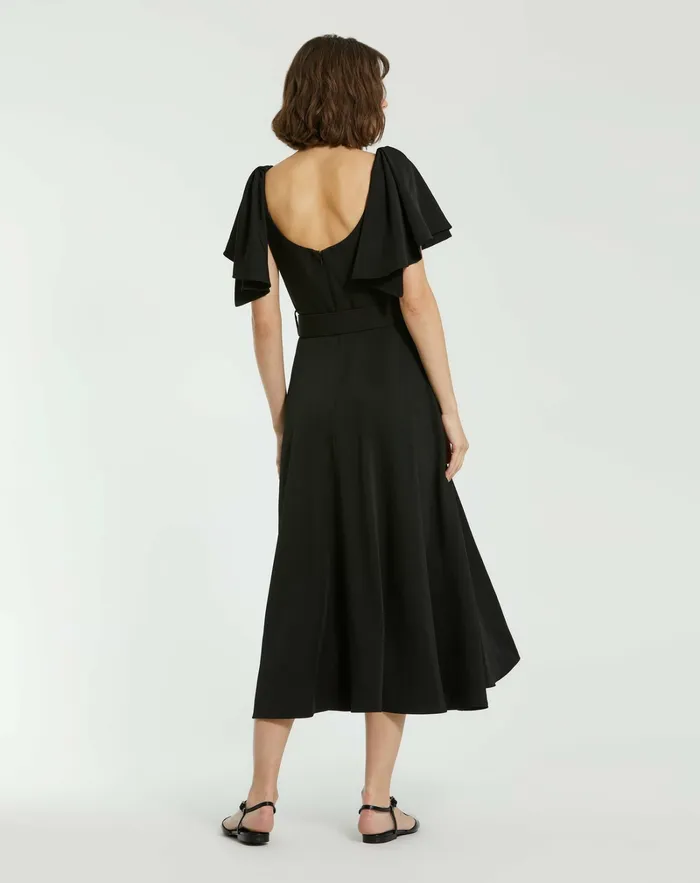 Crepe Ruffle Sleeve Midi Dress With Belt Black Every Day Dresses Mac Duggal Women