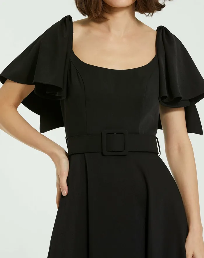 Crepe Ruffle Sleeve Midi Dress With Belt Black Every Day Dresses Mac Duggal Women