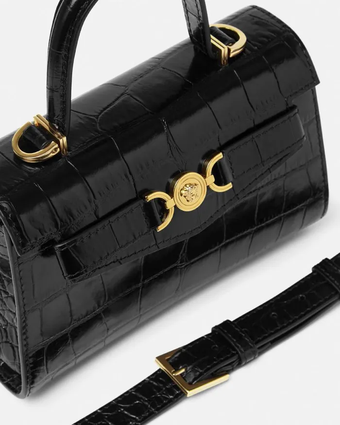 CrocEffect Medusa 03995 Small Handbag Blackgold Women Versace Top Handle