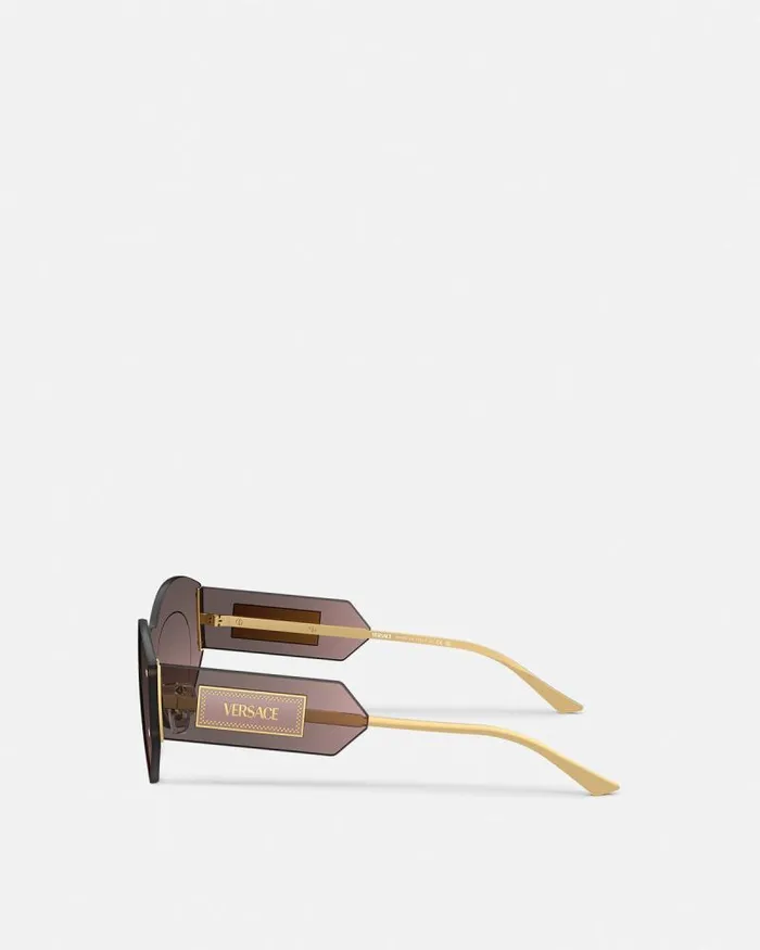 Damier Plaque Shield Sunglasses Brown Women Versace Sunglasses