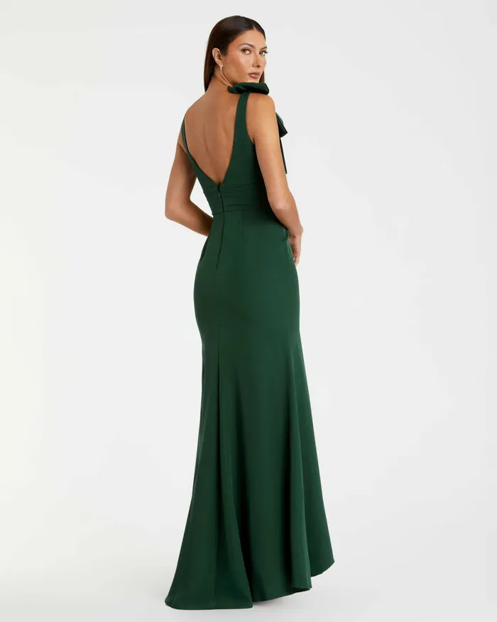 Dark Green Sleeveless V Neck Bow Detail Mermaid Gown Emerald Evening Gowns Mac Duggal Women