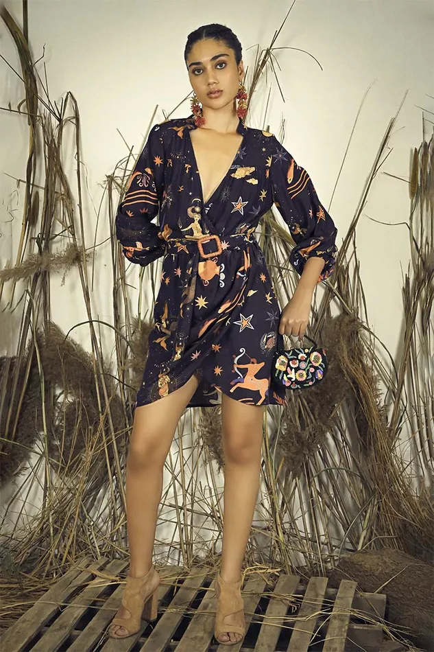 Dark Night Celestial Printed Short Dress Dresses America and Beyond Women