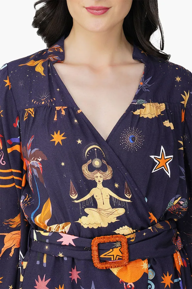 Dark Night Celestial Printed Short Dress Dresses America and Beyond Women