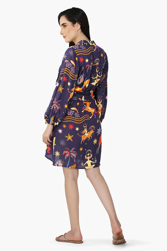 Dark Night Celestial Printed Short Dress Dresses America and Beyond Women