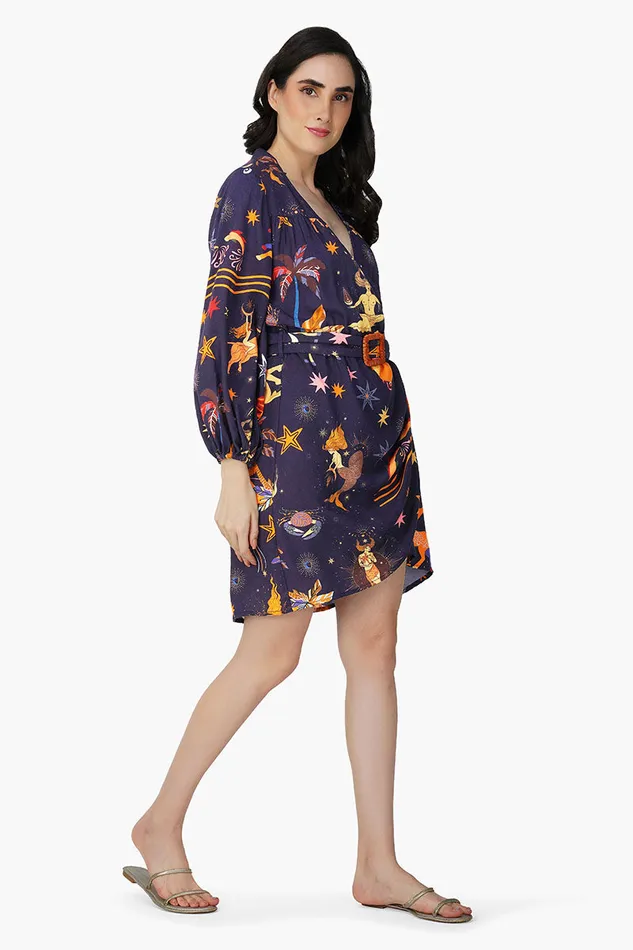 Dark Night Celestial Printed Short Dress Dresses America and Beyond Women