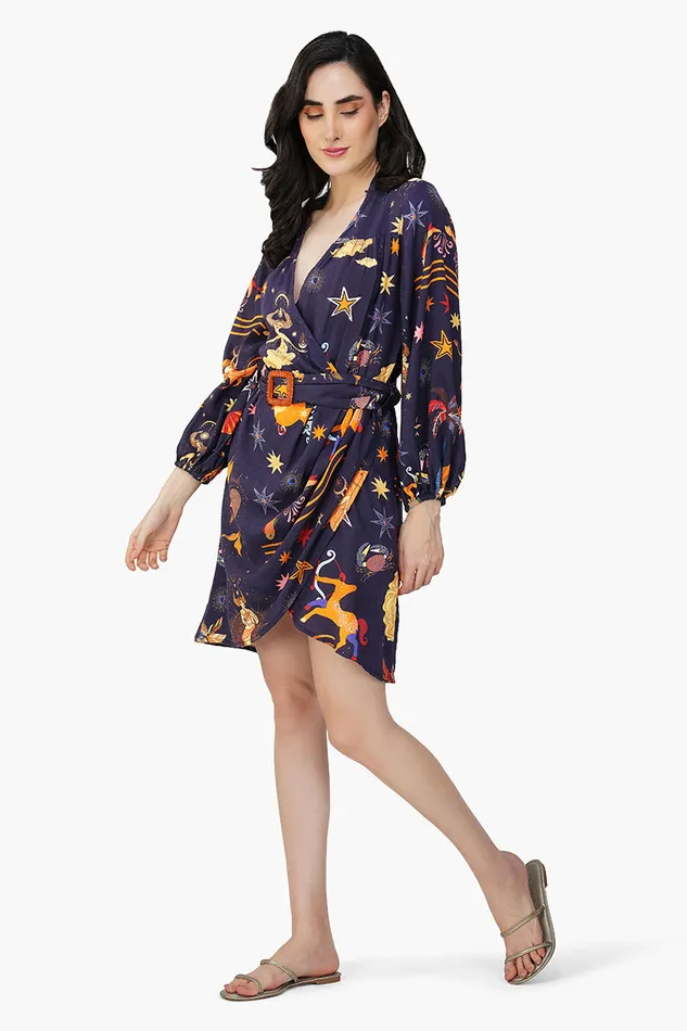 Dark Night Celestial Printed Short Dress Dresses America and Beyond Women
