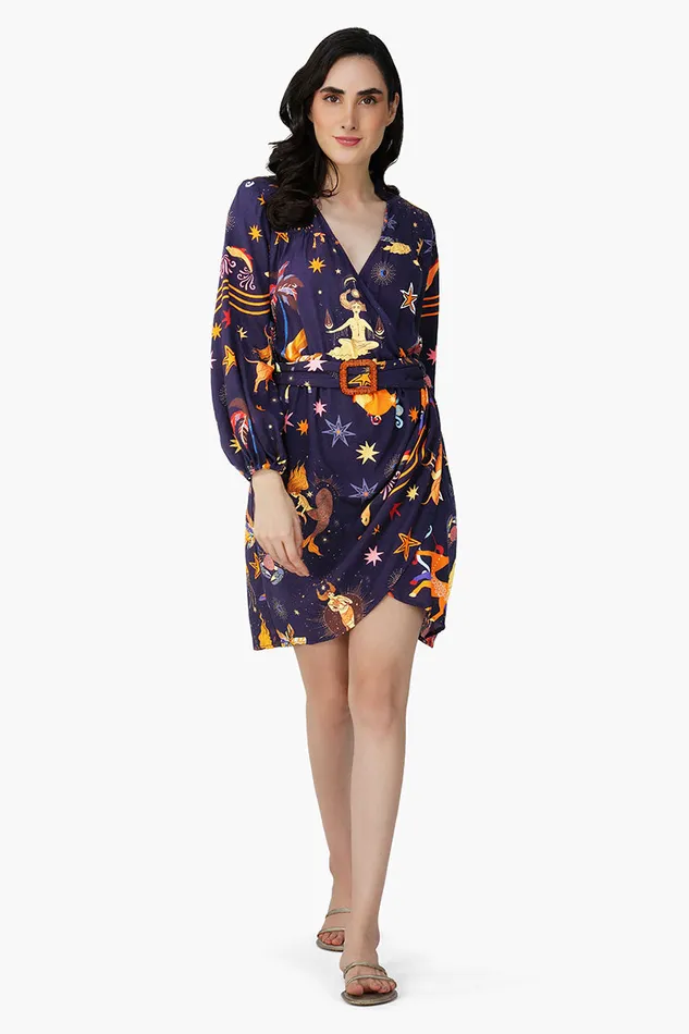 Dark Night Celestial Printed Short Dress Dresses America and Beyond Women