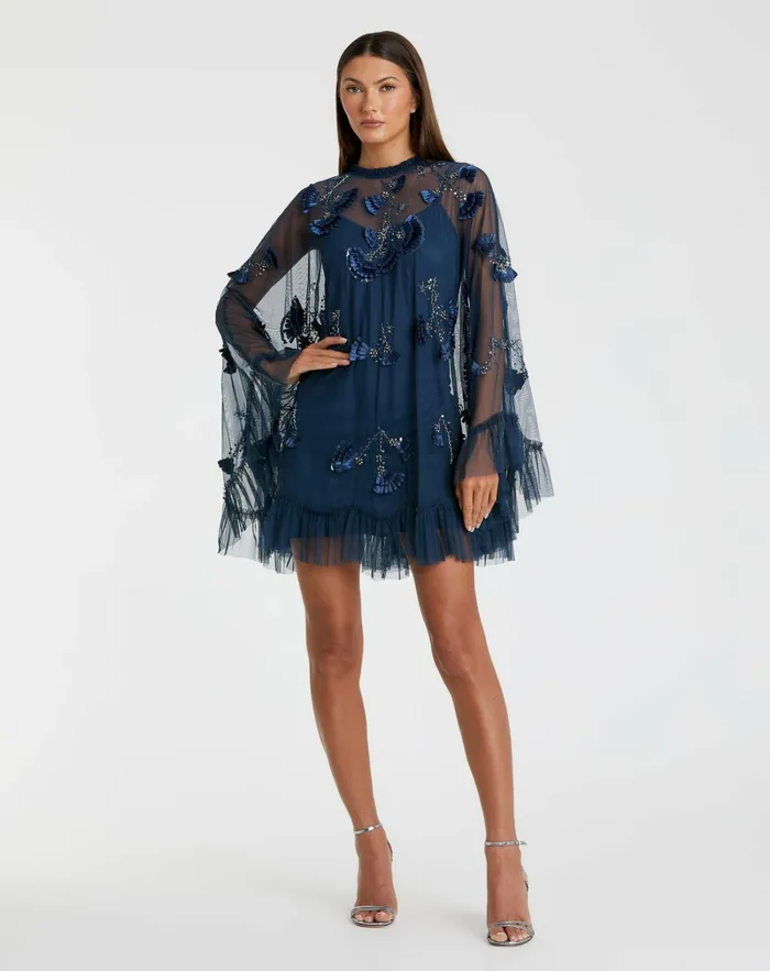 Daytime Dresses Blue Embellished Long Flare Sleeve Mesh ALine Dress Twilight 8211 Mac Duggal Women Daytime Dresses Blue Embellished Long Flare Sleeve Mesh ALine Dress Twilight 8211 Mac Duggal Women