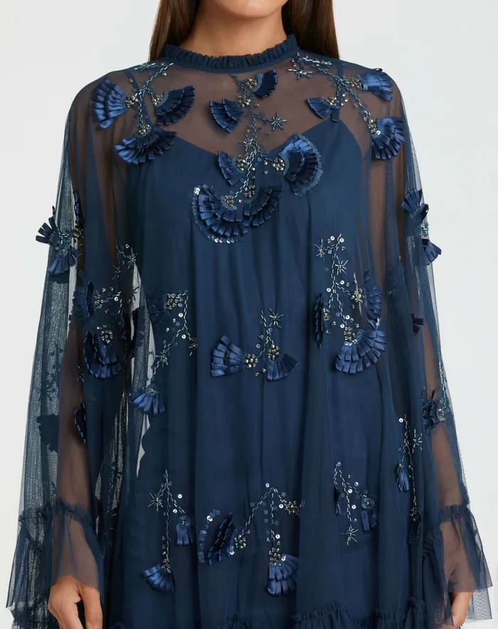 Daytime Dresses Blue Embellished Long Flare Sleeve Mesh ALine Dress Twilight 8211 Mac Duggal Women