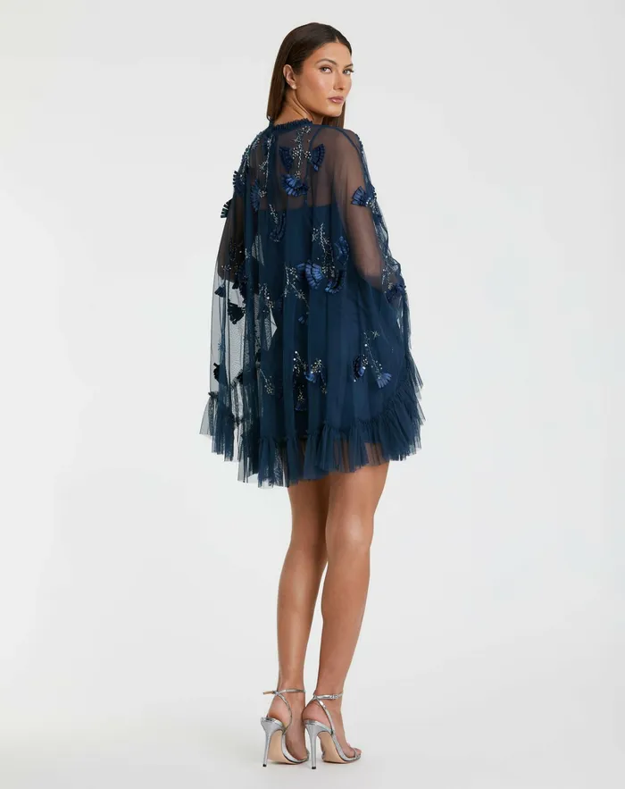 Daytime Dresses Blue Embellished Long Flare Sleeve Mesh ALine Dress Twilight 8211 Mac Duggal Women