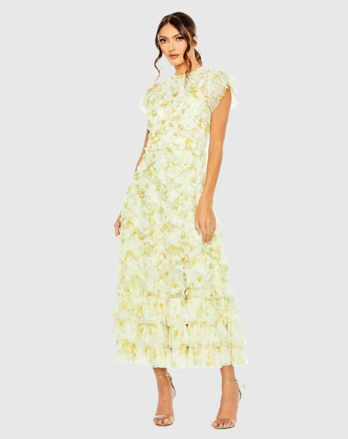Daytime Dresses Mac Duggal Women Yellow High Neck Ruffle Cap Sleeve Floral Dress Yellow Multi Daytime Dresses Mac Duggal Women Yellow High Neck Ruffle Cap Sleeve Floral Dress Yellow Multi