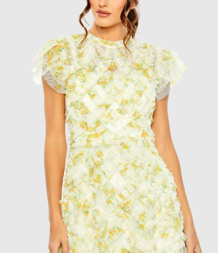 Daytime Dresses Mac Duggal Women Yellow High Neck Ruffle Cap Sleeve Floral Dress Yellow Multi Daytime Dresses Mac Duggal Women Yellow High Neck Ruffle Cap Sleeve Floral Dress Yellow Multi