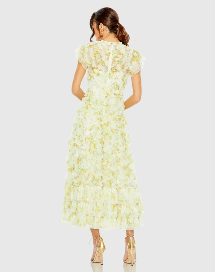 Daytime Dresses Mac Duggal Women Yellow High Neck Ruffle Cap Sleeve Floral Dress Yellow Multi Daytime Dresses Mac Duggal Women Yellow High Neck Ruffle Cap Sleeve Floral Dress Yellow Multi
