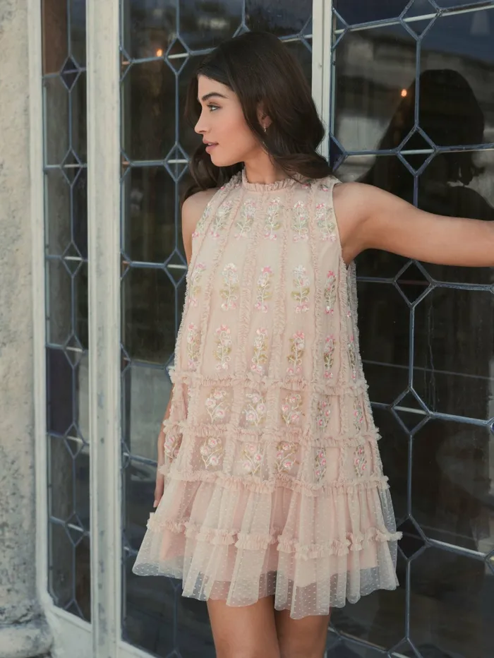Daytime Dresses Sleeveless High Neck Beaded Ruffle Detail Dress Nude Multi Mac Duggal Women
