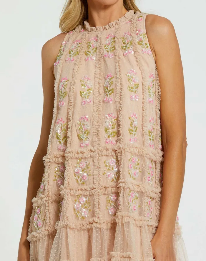 Daytime Dresses Sleeveless High Neck Beaded Ruffle Detail Dress Nude Multi Mac Duggal Women
